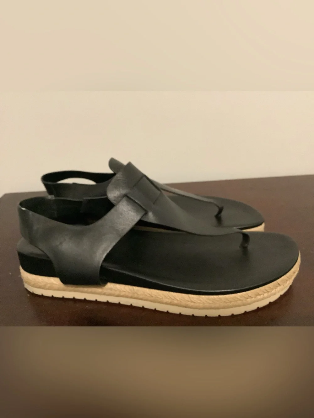 Vince Flint Black Leather T-Strap Espadrille Flatform Sandals
